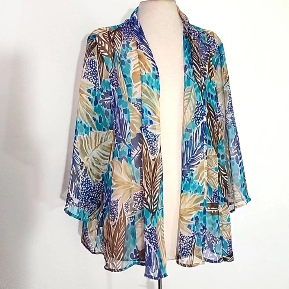 Bon Worth Kimono Semi Sheer Tropical Leaf Detail Aqua Size L
